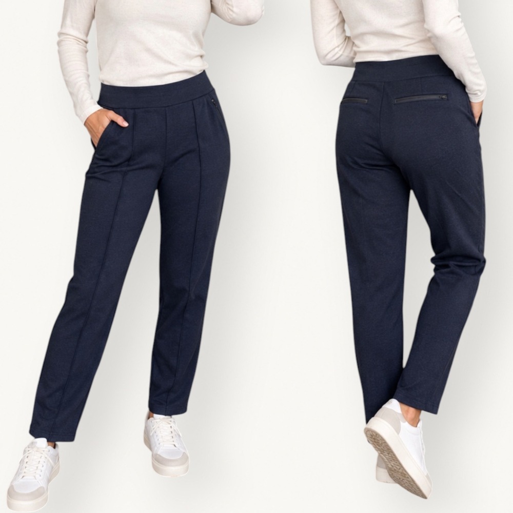 Athleta Venice Heathered Pintuck Pants M Navy Blue Ponte Stretch Work Trousers